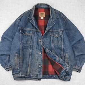 Vintage GAP Flannel Lined Denim Trucker Jacket Buffalo Plaid 90s‎ Workwear M